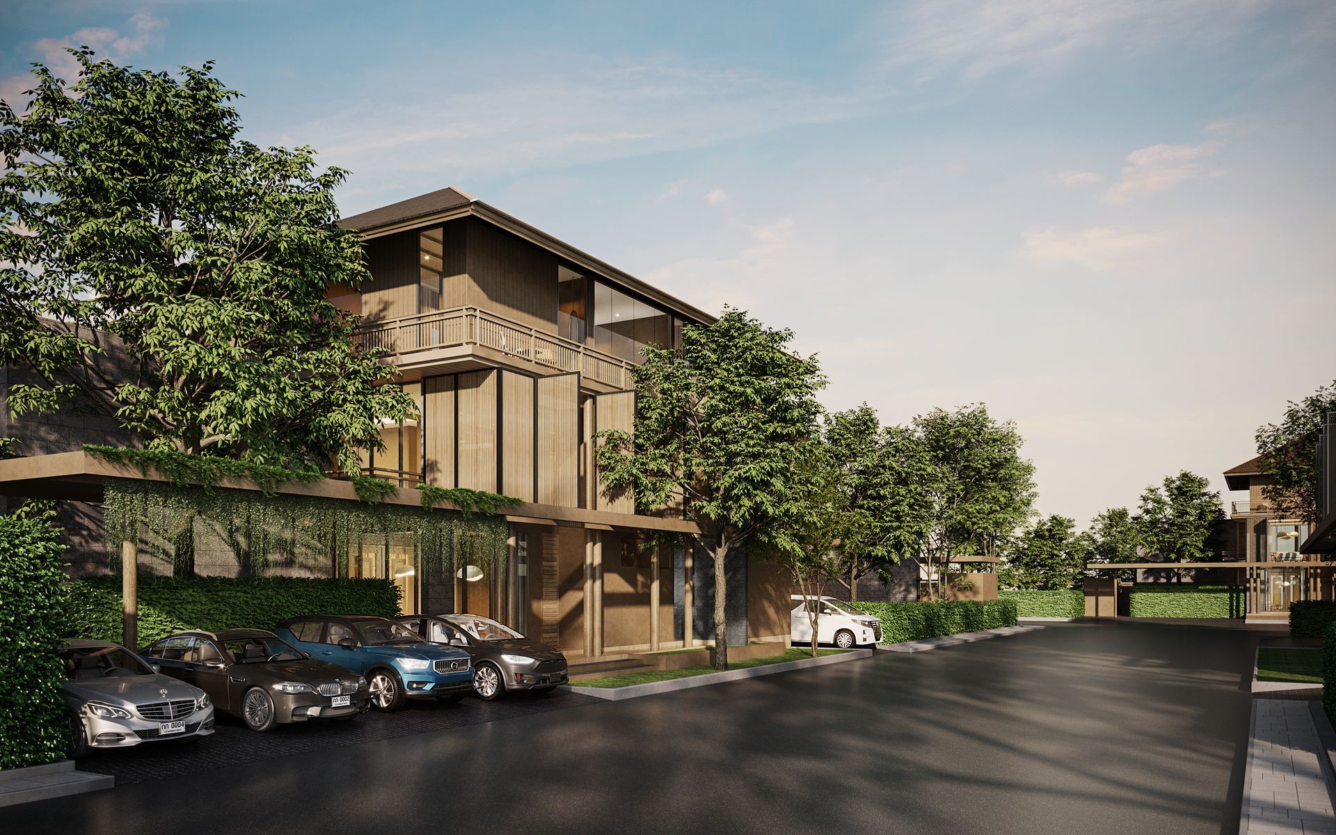 A rendering of a house with cars parked in front of it.