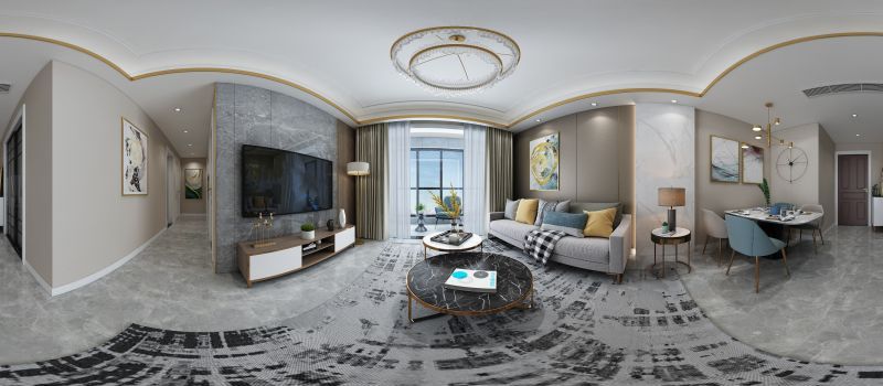 a 360 degree view of a living room with a couch and a television .