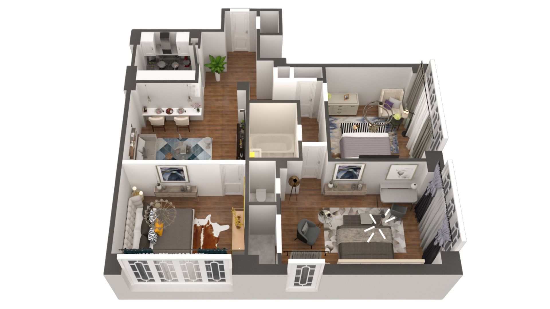 A 3d floor plan of a house with a living room , dining room , and bedroom.