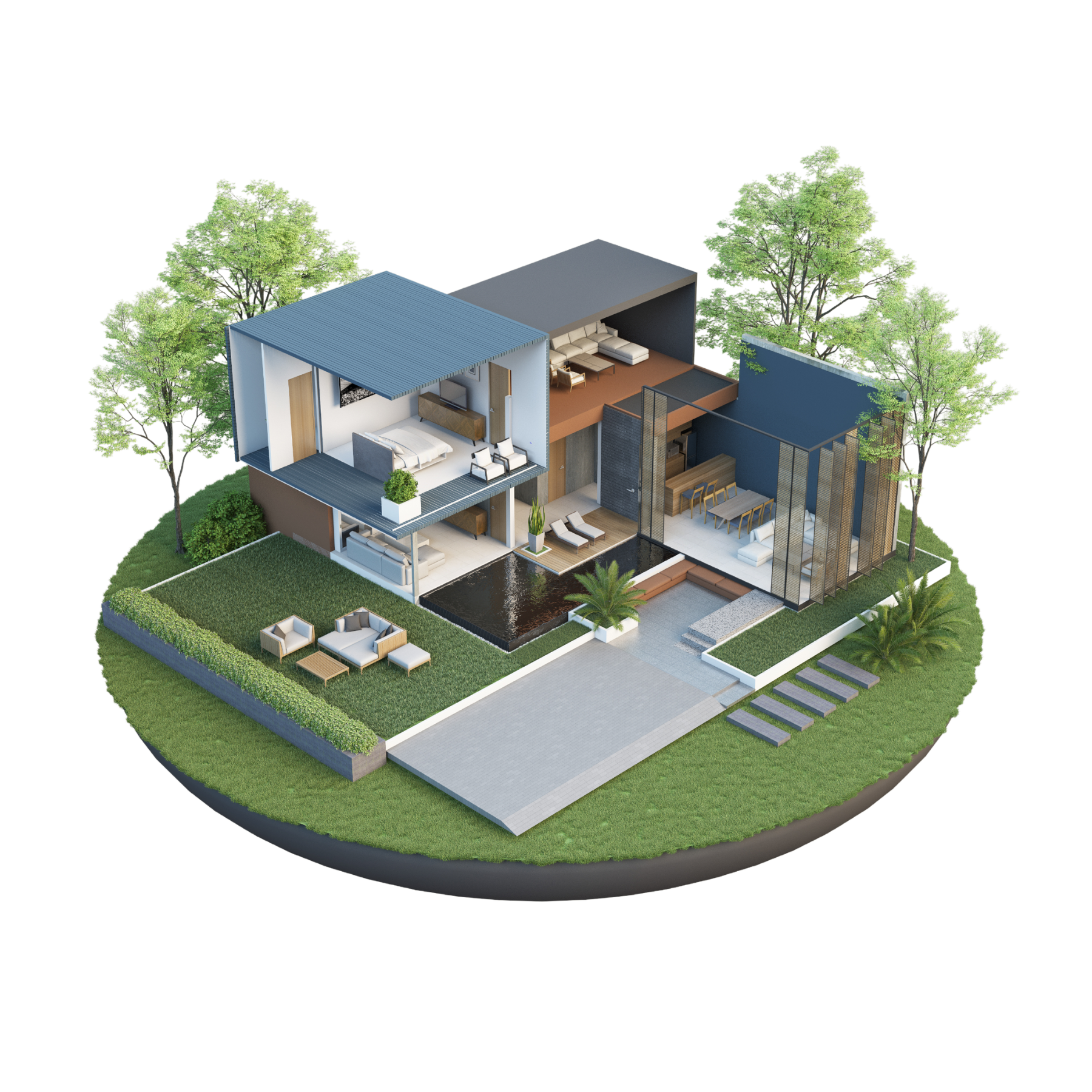 A 3d model of a house cut in half with a swimming pool.