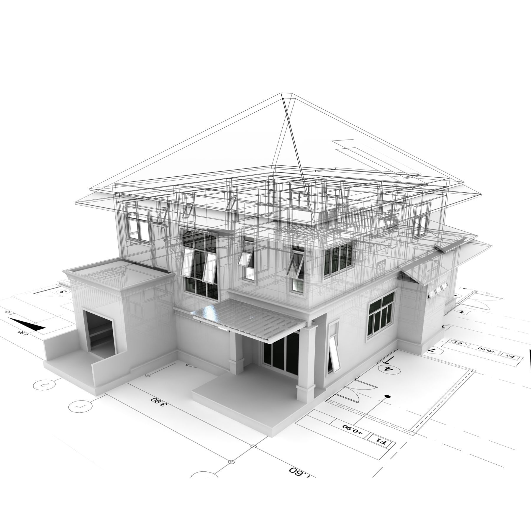 A black and white drawing of a house under construction.