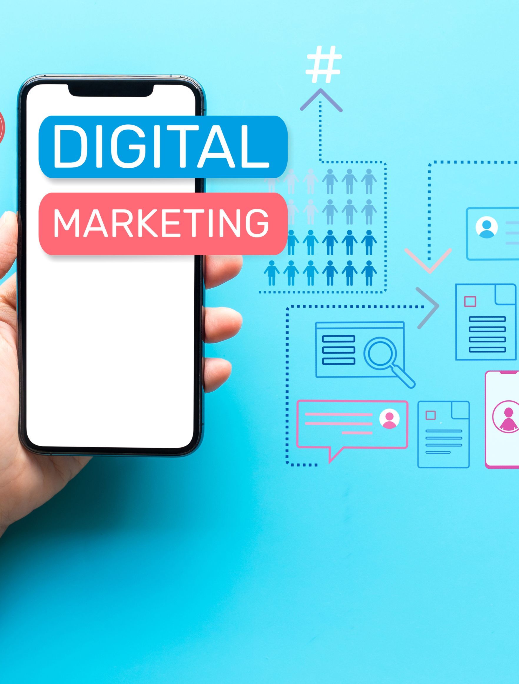 A person is holding a cell phone with the words digital marketing on it.
