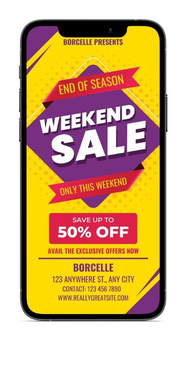 A cell phone with a weekend sale advertisement on it