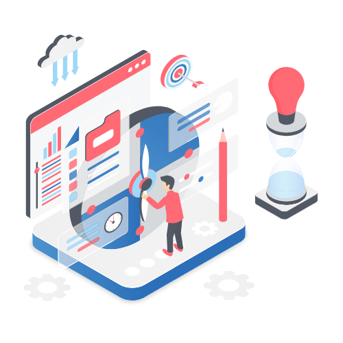 An isometric illustration of a man working on a website.