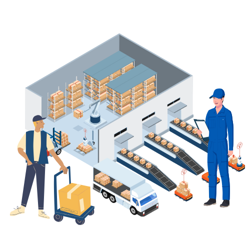 An isometric illustration of a warehouse with workers and trucks.