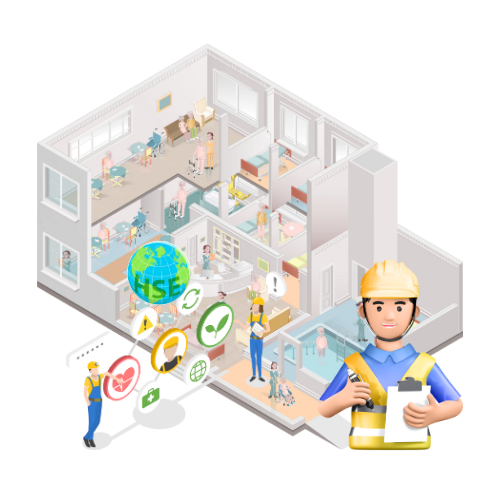 An isometric illustration of a construction worker holding a clipboard in front of a building.