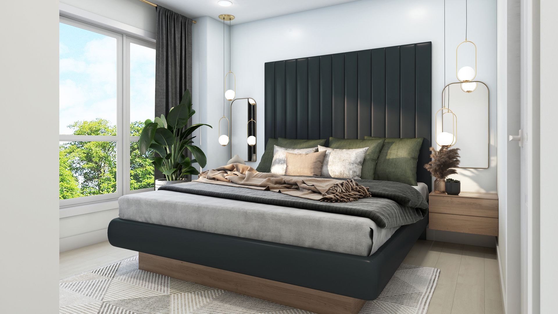 a bedroom with a large bed and a large window Virtual build