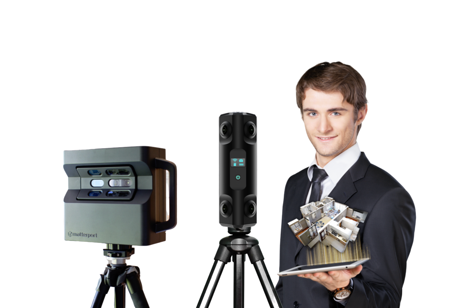 A man in a suit is holding a tablet in front of a camera.