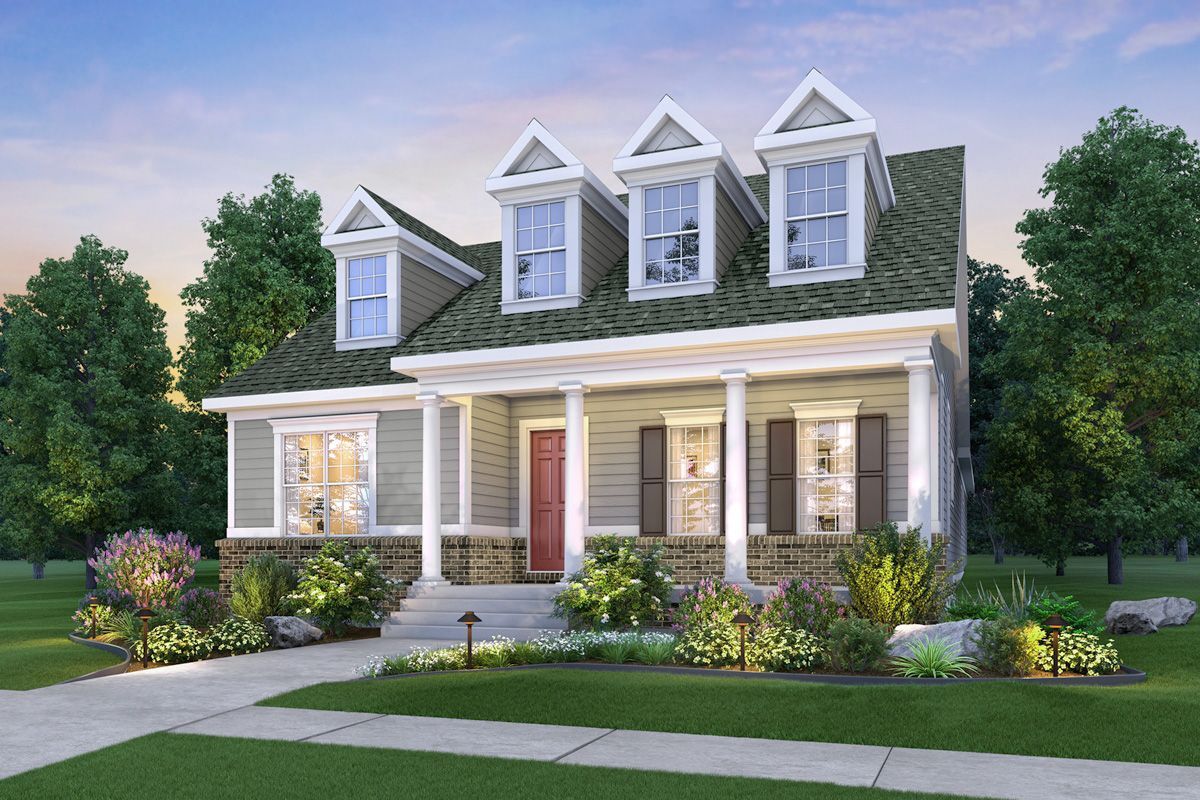 An artist 's impression of a house with a green roof and a red door.