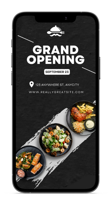 A cell phone with a grand opening advertisement on it.