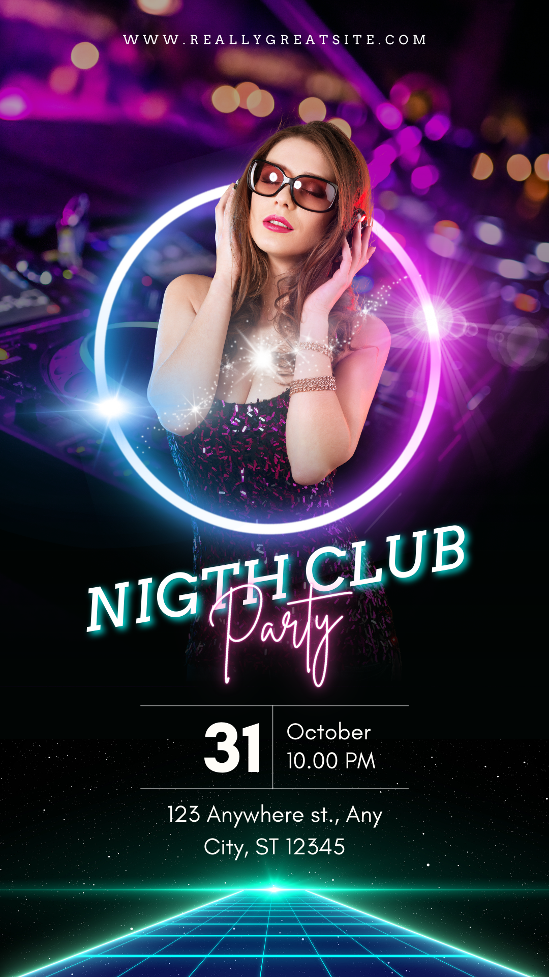 A poster for a night club party with a woman wearing headphones.
