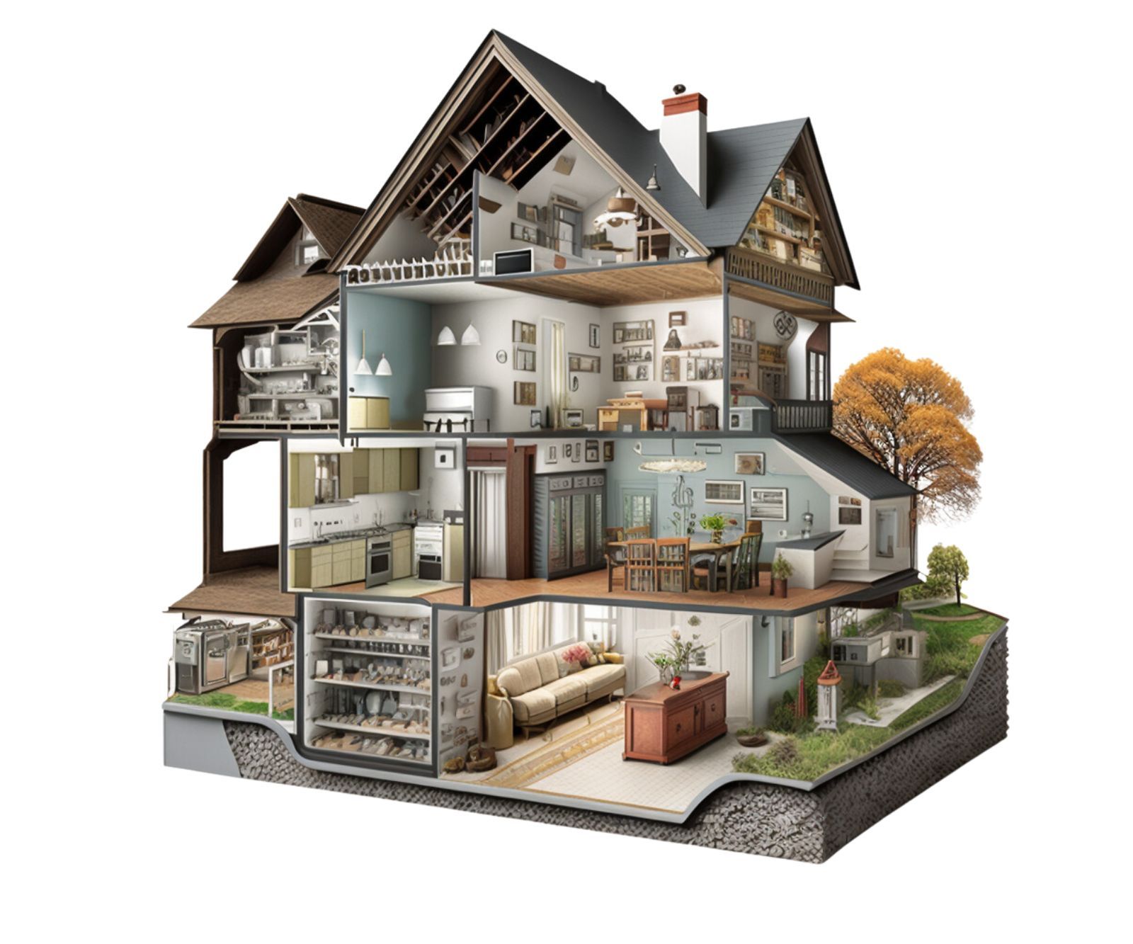 an illustration of a house cut in half showing the interior .