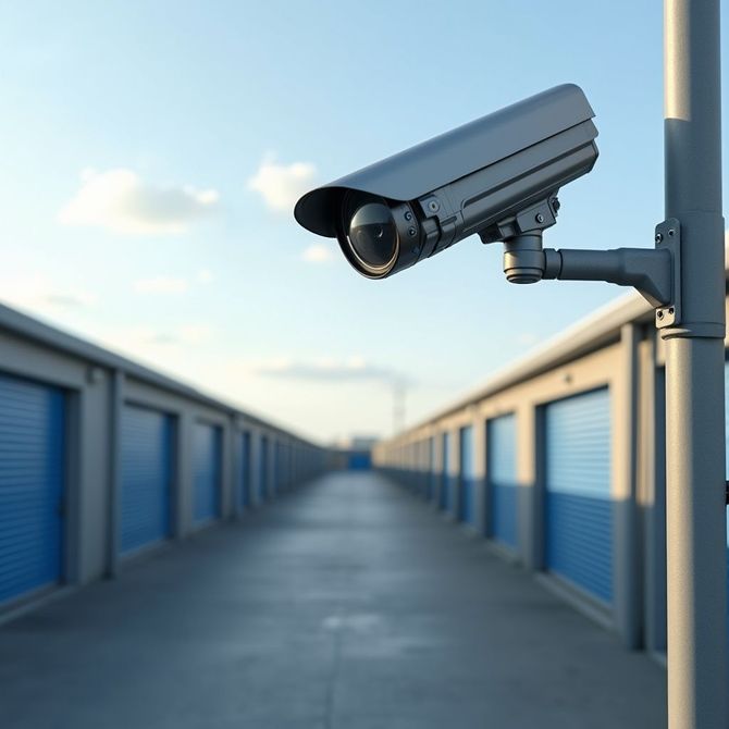 Security camera mounted on a pole overlooking a row of blue storage units.