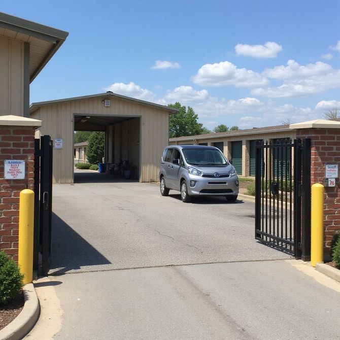 A silver car driving into a storage facility through an open gate. Blue sky with clouds overhead.