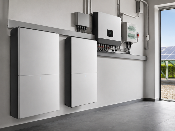 In un corridoio di una fabbrica si trova una fila di armadi elettrici industriali bianchi con interruttori colorati.