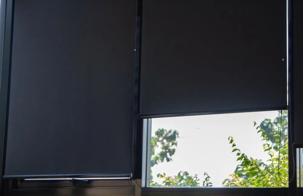 A Window With Black Blinds on It and a View of Trees — Design 2000 Blinds & Awnings In San Remo, NSW