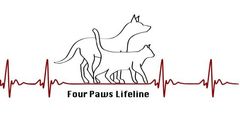 Logo featuring a black outline of a dog and cat silhouette centered over a red heartbeat line reading 