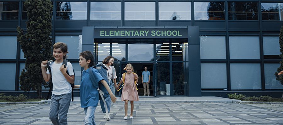Children coming out of an elementary school