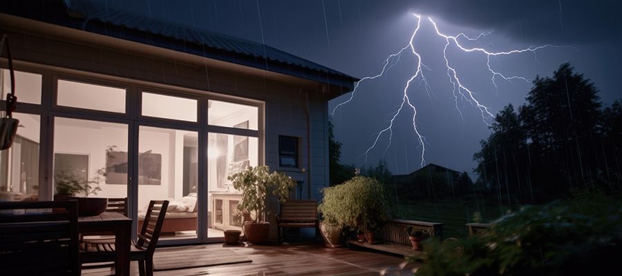 House at nighttime with a lightning strike in the background