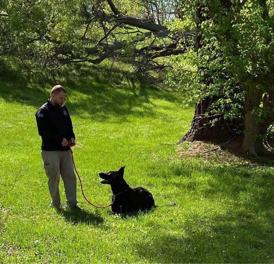 Person standing on grass with a black dog sitting nearby under trees