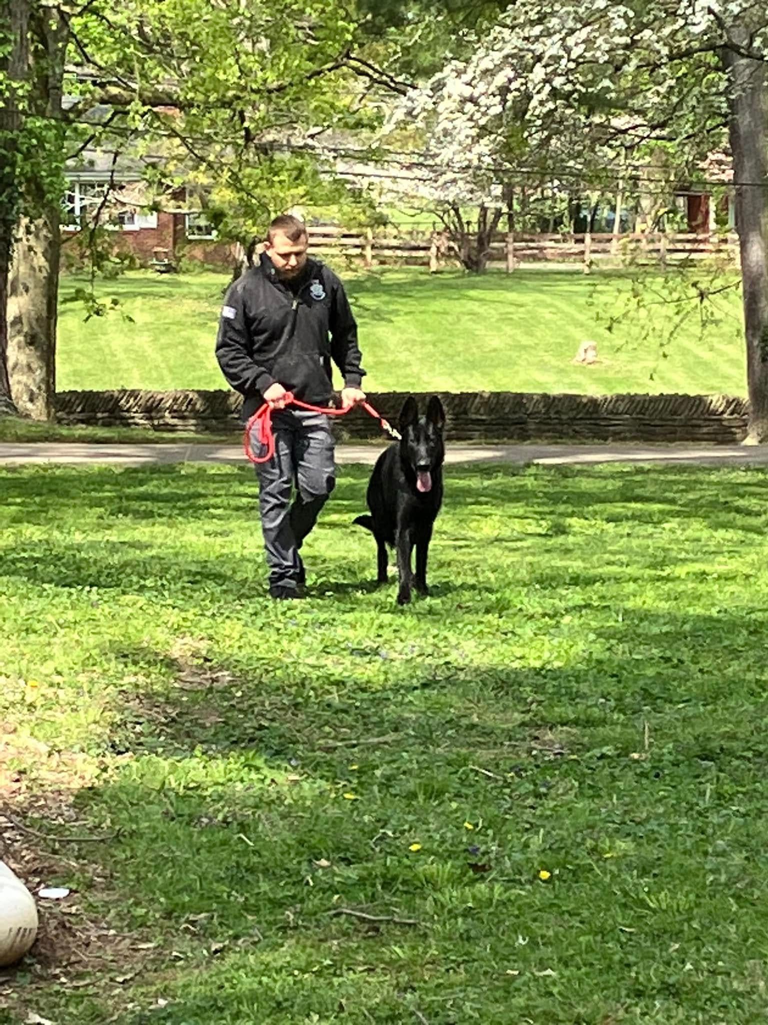 Man in black walking a black dog on a leash across a grassy park