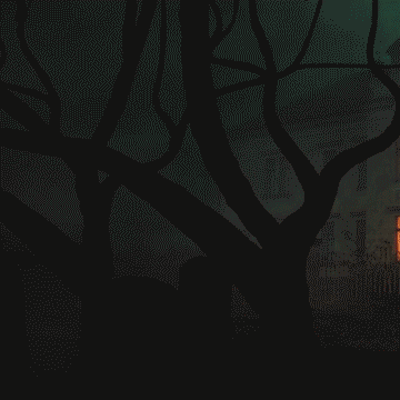 Dark silhouetted tree branches against a night sky, with a lit window on the right.