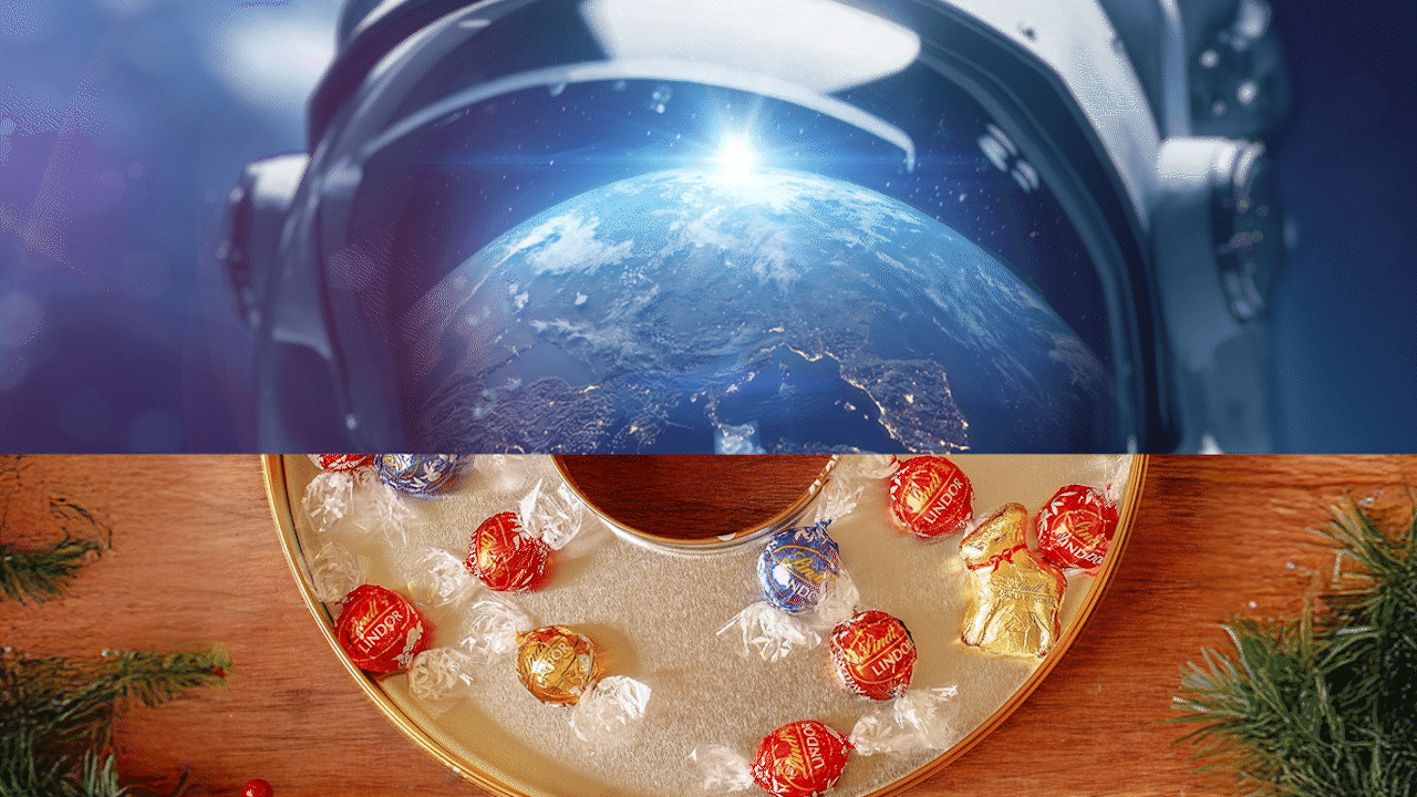 Blue crystal ball above a bowl of red and white holiday ornaments on a wooden surface