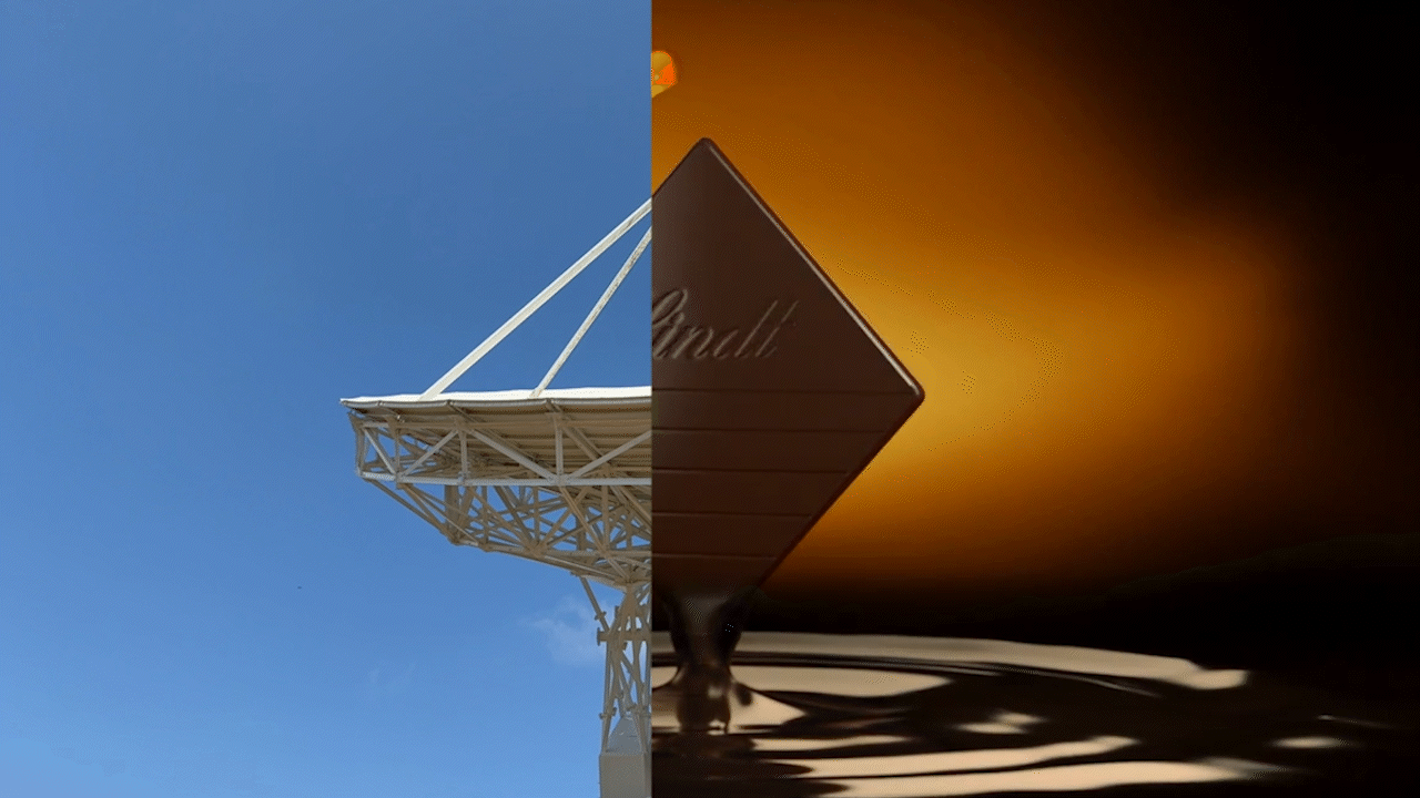 Split image of a satellite dish against a blue sky and a warm brown interior shadow