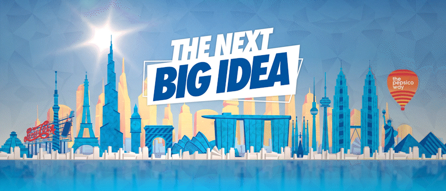 Stylized city skyline with the text “THE NEXT BIG IDEA” on a blue sky background