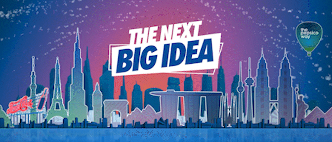 “THE NEXT BIG IDEA” text over a purple-blue city skyline with skyscrapers and a lightbulb icon.