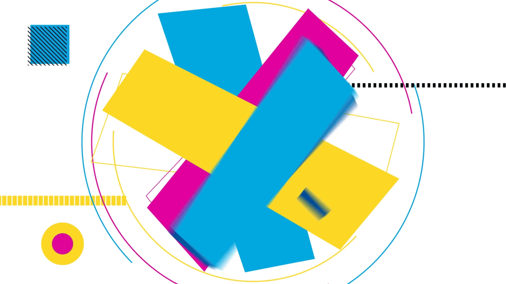 Abstract geometric design with overlapping blue, yellow, and magenta shapes inside dotted circles