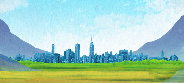 Stylized city skyline between green fields and blue mountains under a bright sky