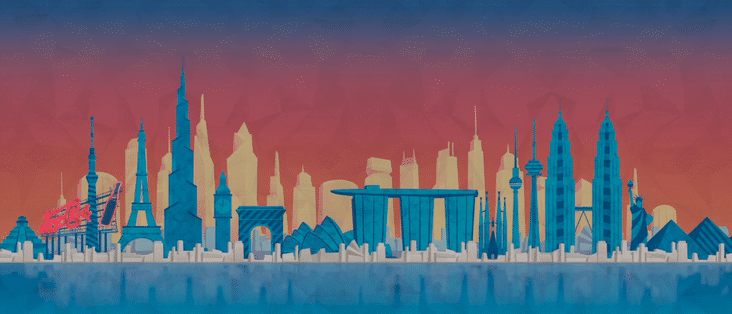 A painting of a city skyline with a sunset in the background.