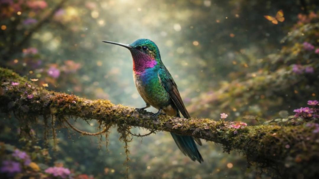 Colorful hummingbird perched on a mossy branch amid soft glowing forest bokeh