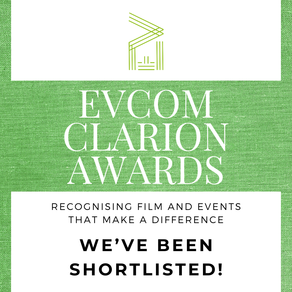 EVCOM Clarion Awards shortlist announcement on a green textured background with white text and gold logo