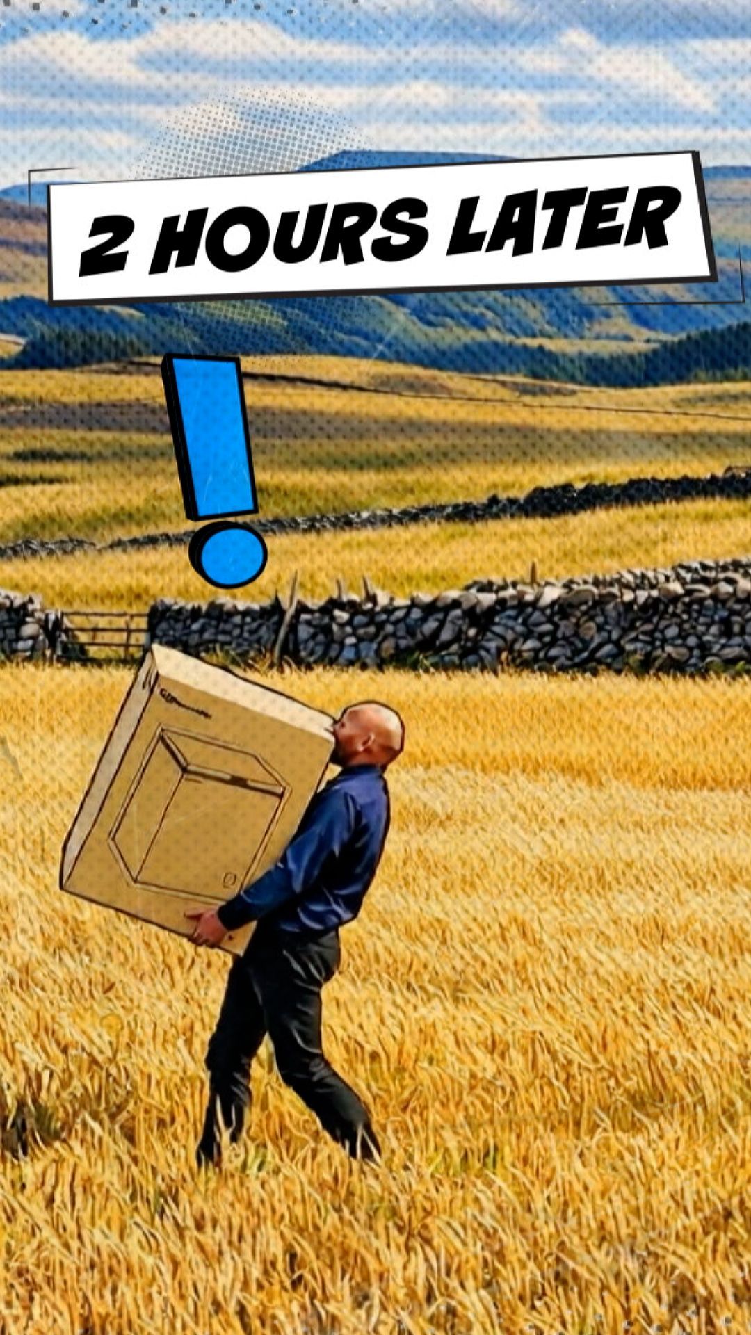 Man in blue shirt pushing a hand truck with a crate toward a weathered stone shed