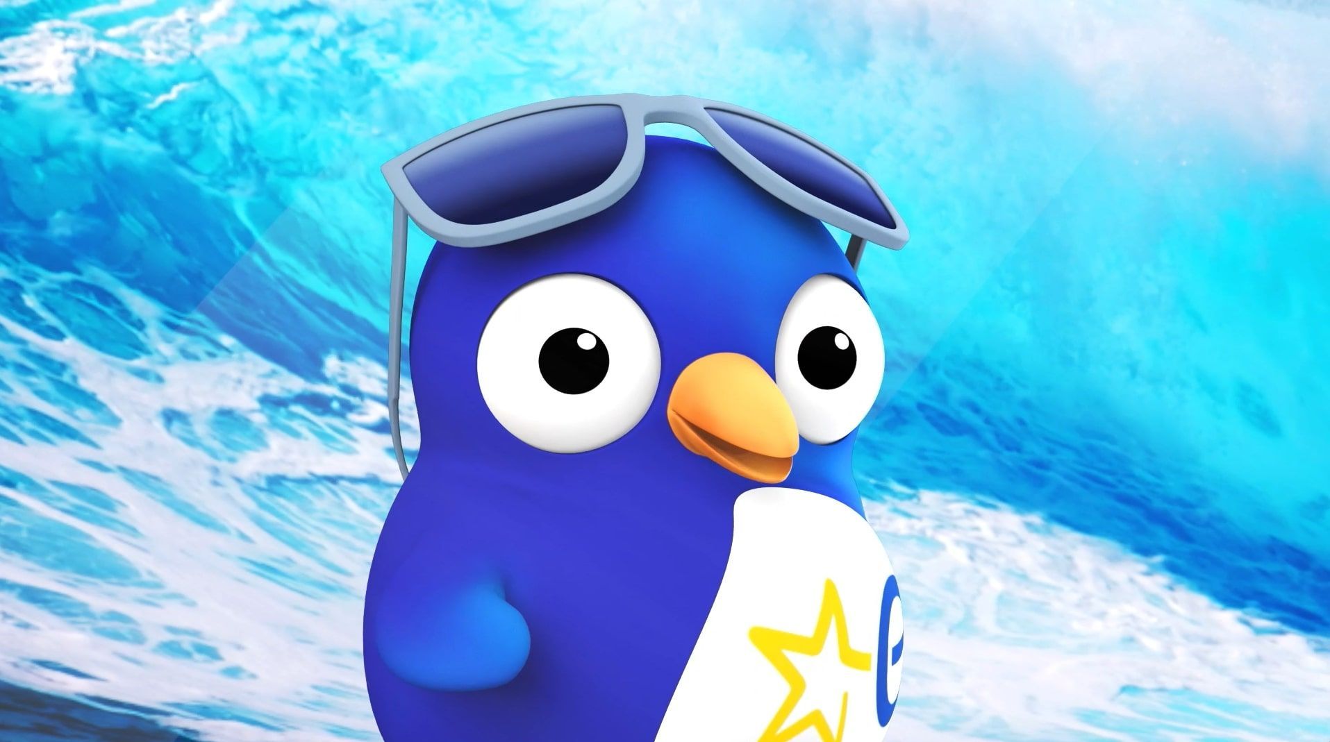 Blue cartoon penguin wearing sunglasses against a bright ocean wave background