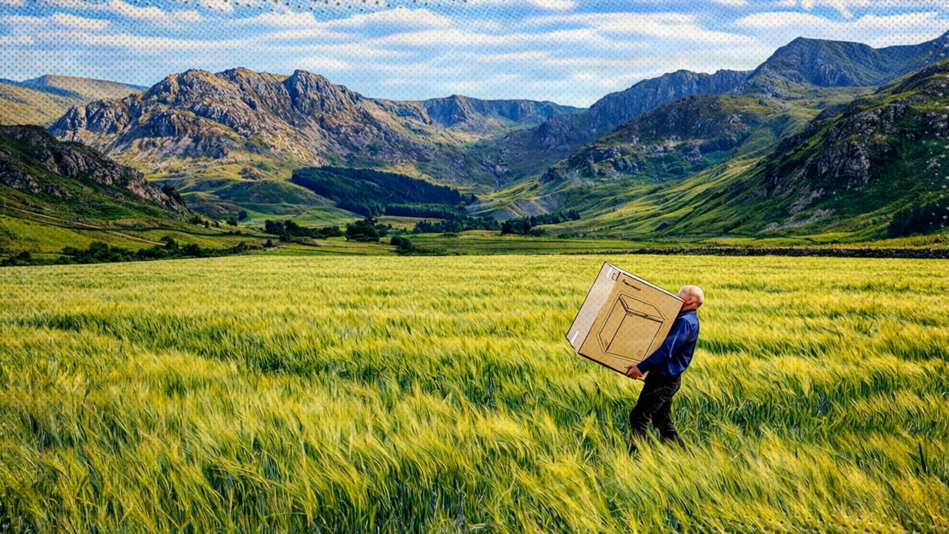 Person carrying a large sack through a green wheat field with mountains in the background