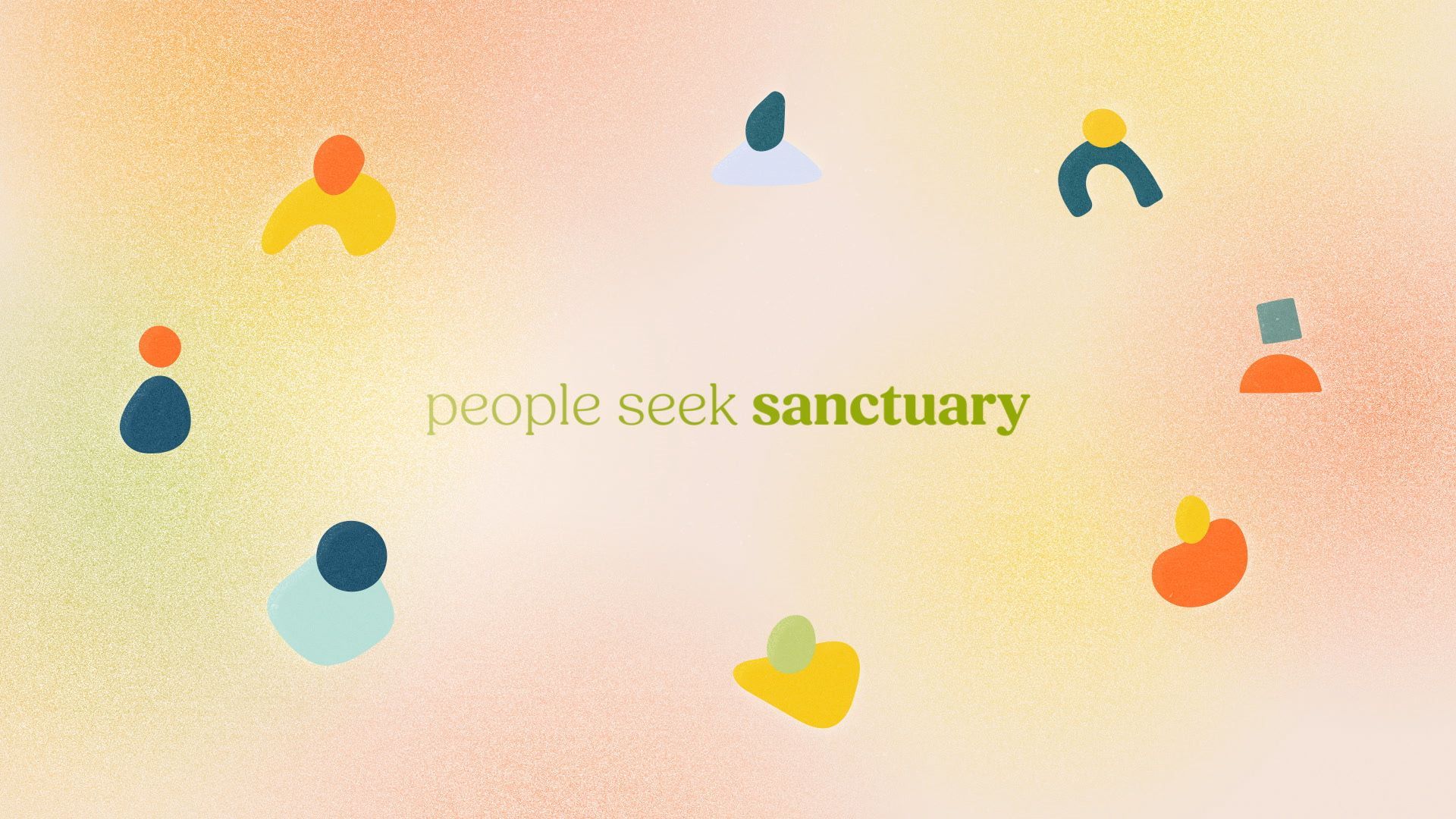 Abstract pastel graphic with dots and figures around the words “people seek sanctuary”