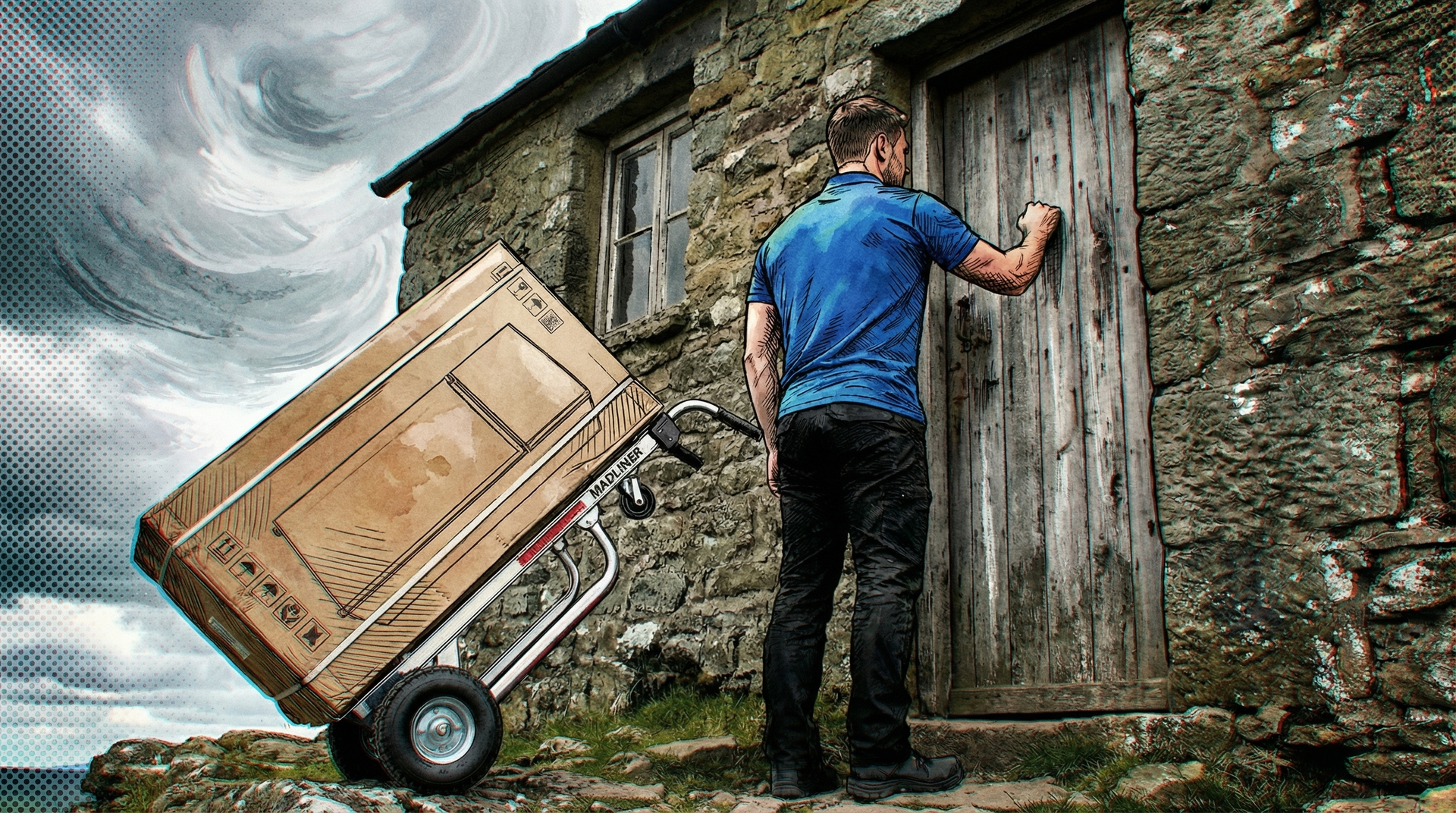Man in blue shirt pushing a hand truck with a crate toward a weathered stone shed