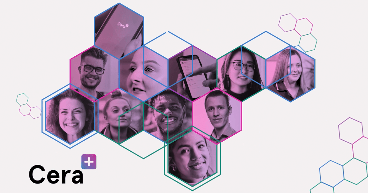 Cera logo with a hexagon collage of smiling faces in pink, purple, and teal accents