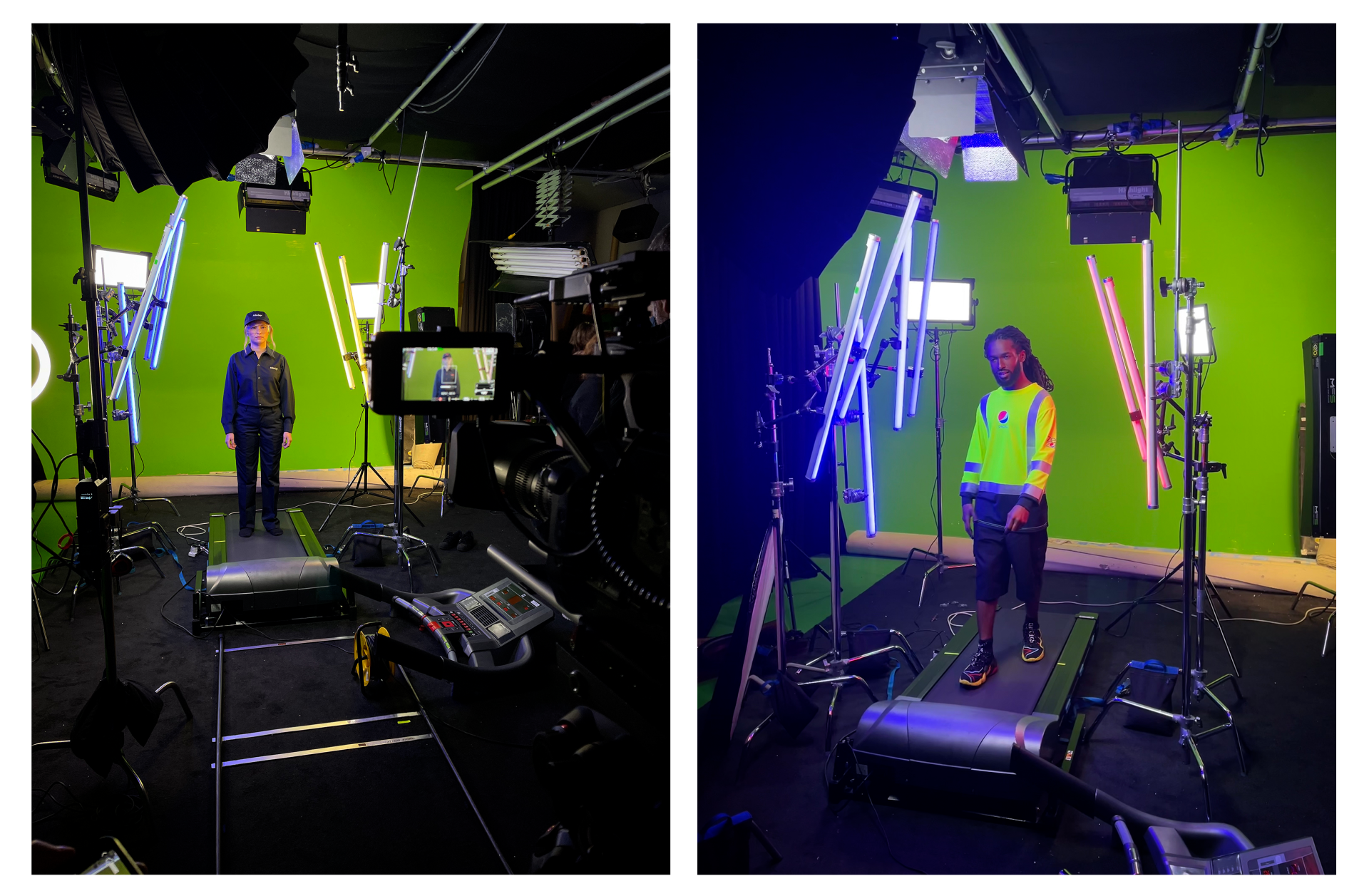 A man is standing in front of a green screen in a studio.
