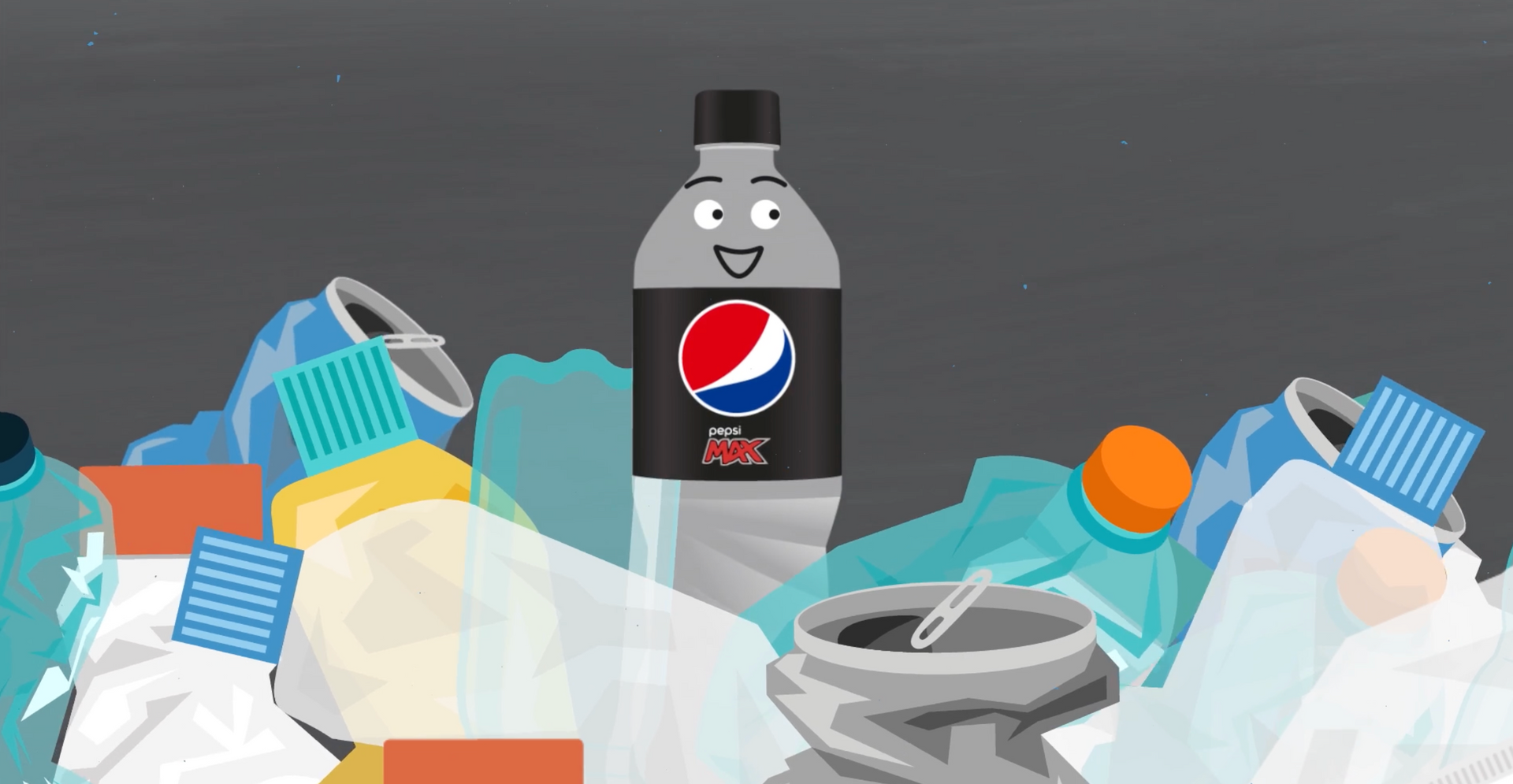 A pile of plastic bottles and cans with a pepsi bottle in the middle.