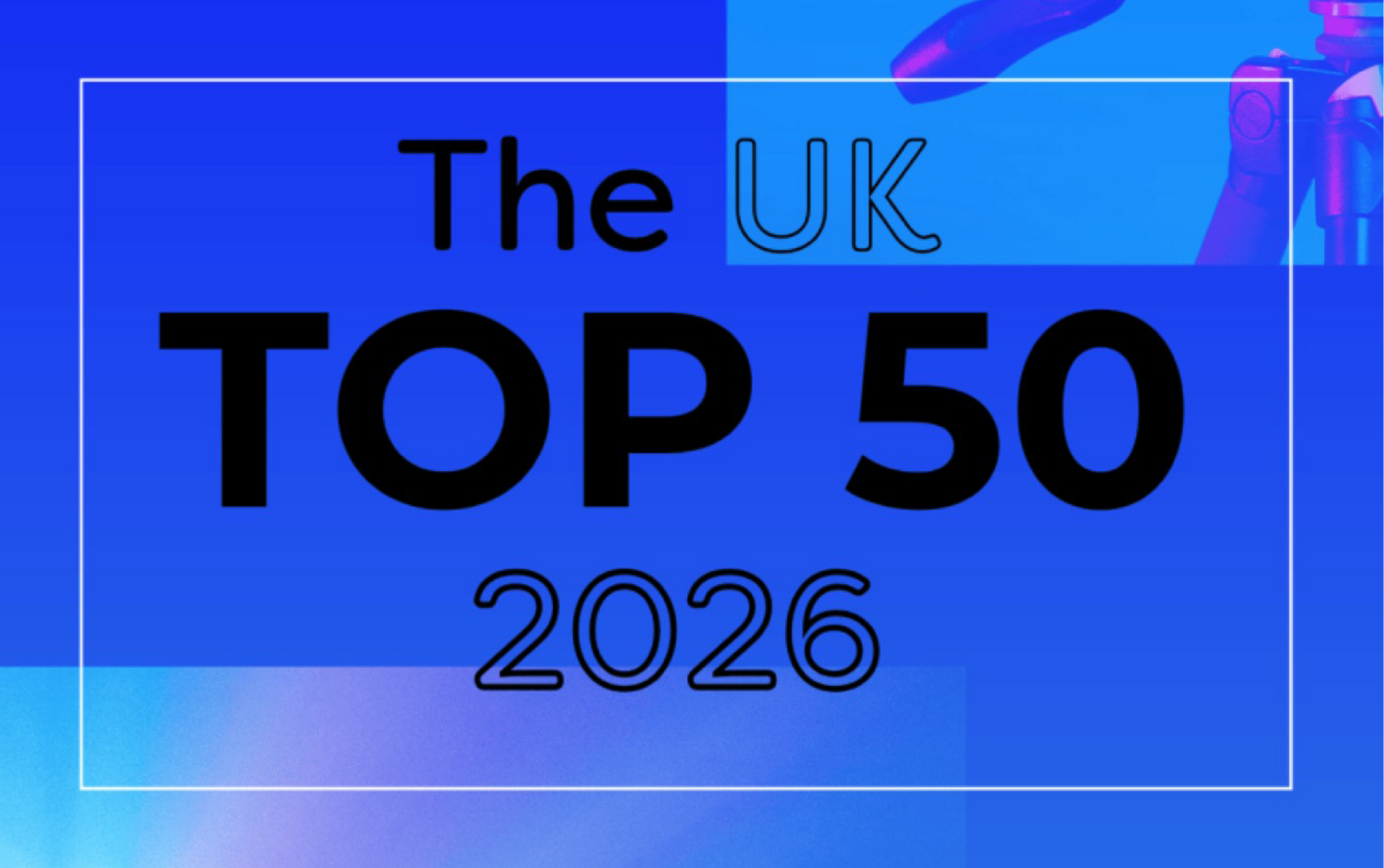 Blue graphic reading “The UK TOP 50 2026” in black and outlined text