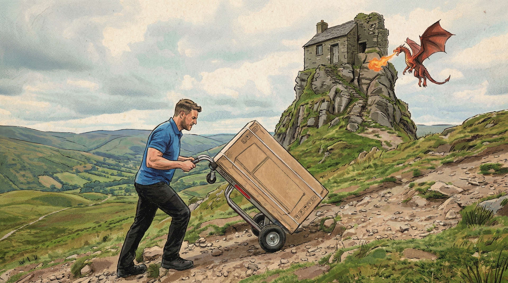 Man pushing a wheeled wooden crate uphill toward a stone castle on a rocky green hillside as a dragon flies overhead