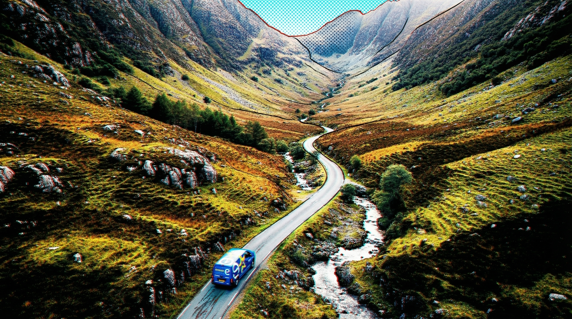Blue car on a winding mountain road through a green valley beside a stream