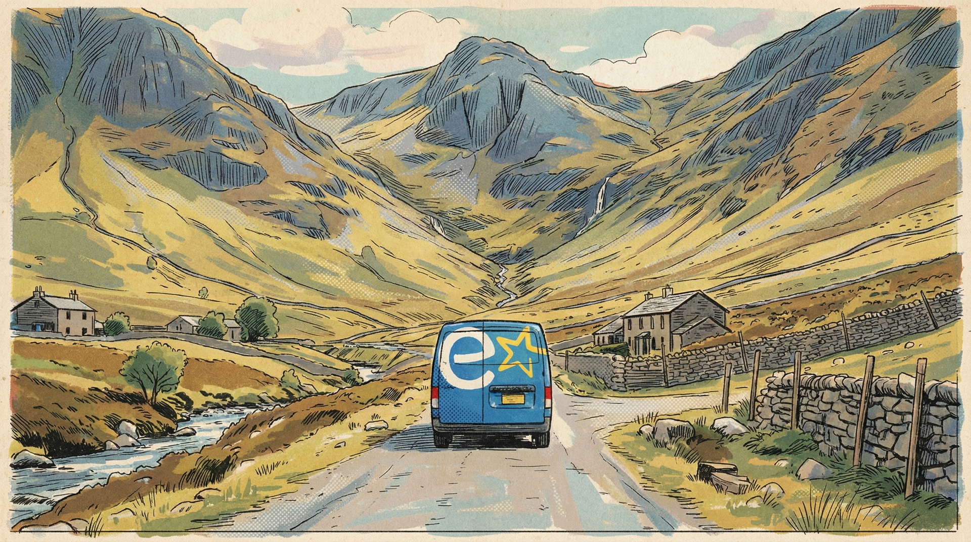 Blue bus driving on a mountain road through a valley with hills and stone walls