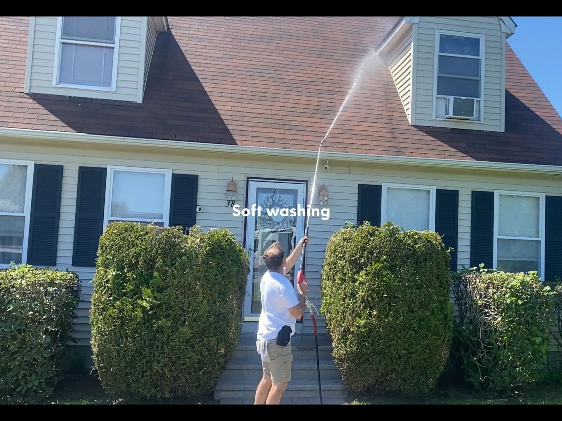 Person using a pole outside a house, trimming tall hedges by the front steps.