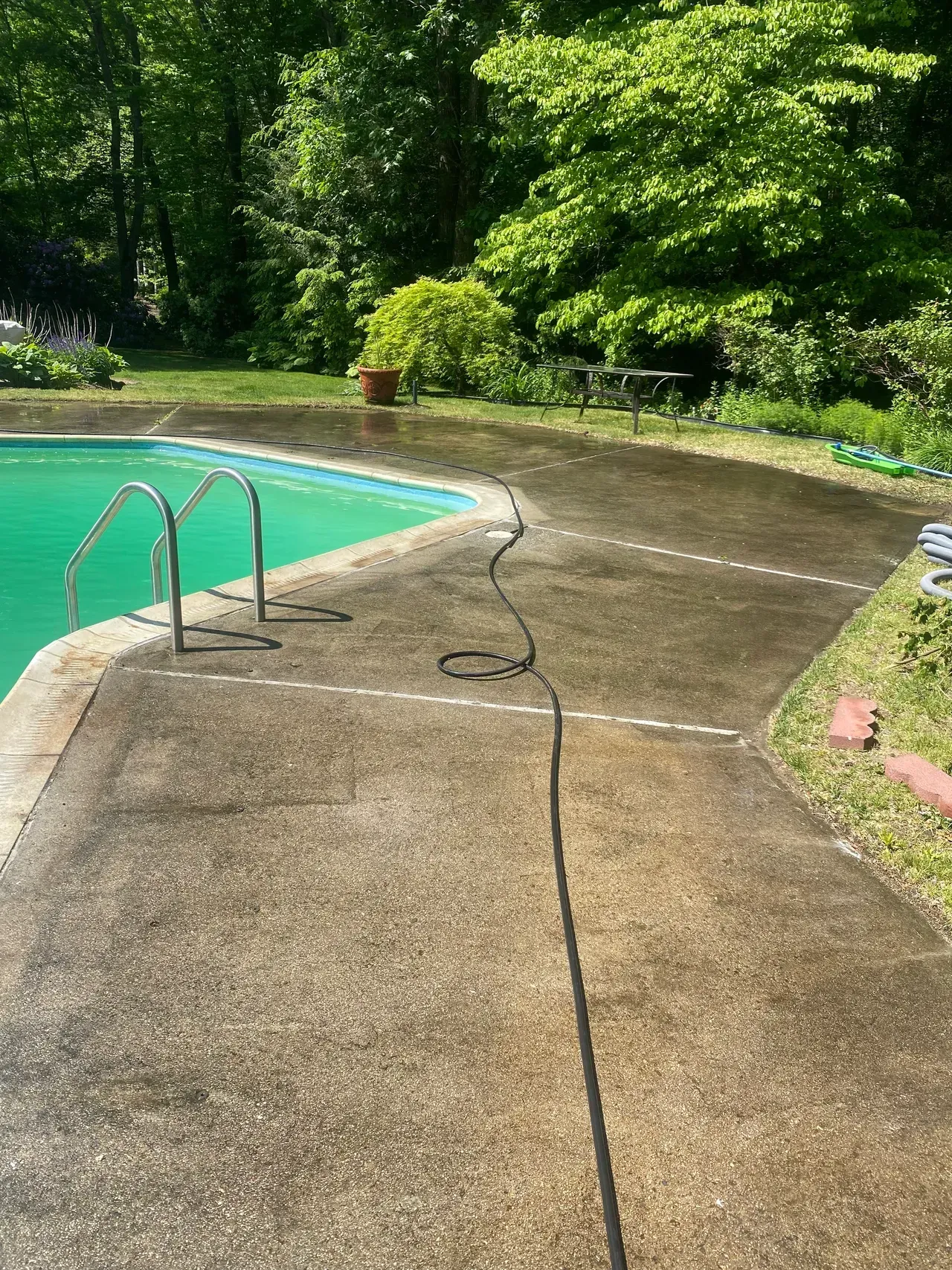 Poolside concrete patio with a hose, wet surface, and green trees in the background