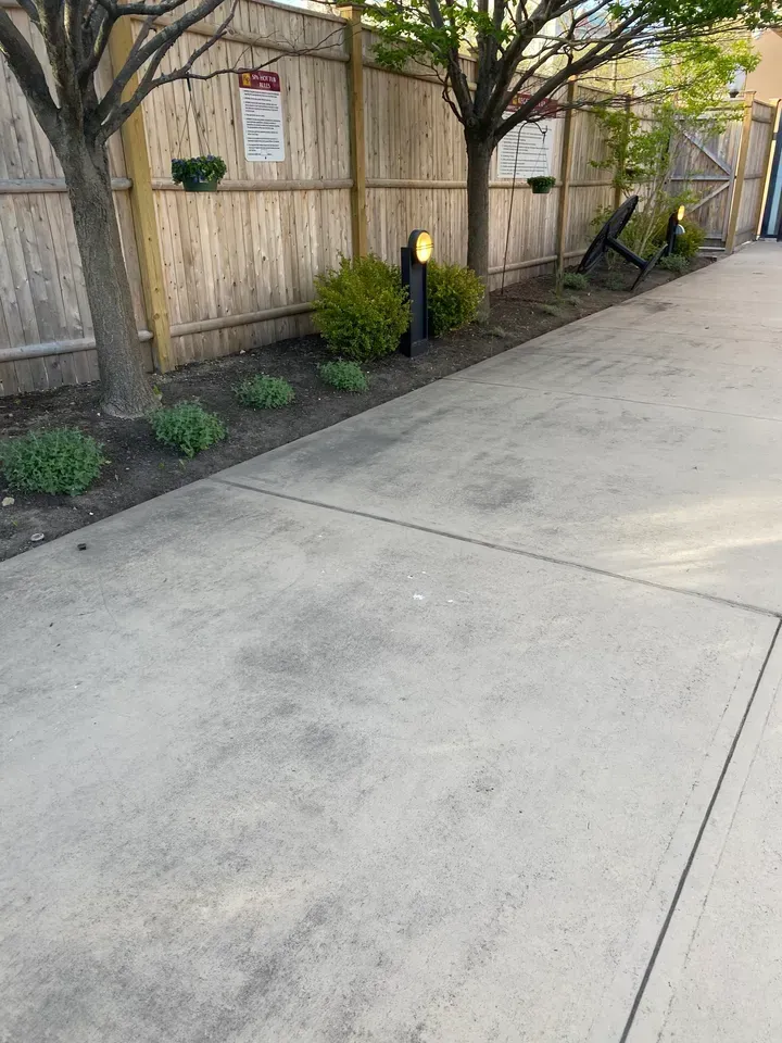 Concrete driveway beside a wooden fence with small shrubs and a yellow lamp post